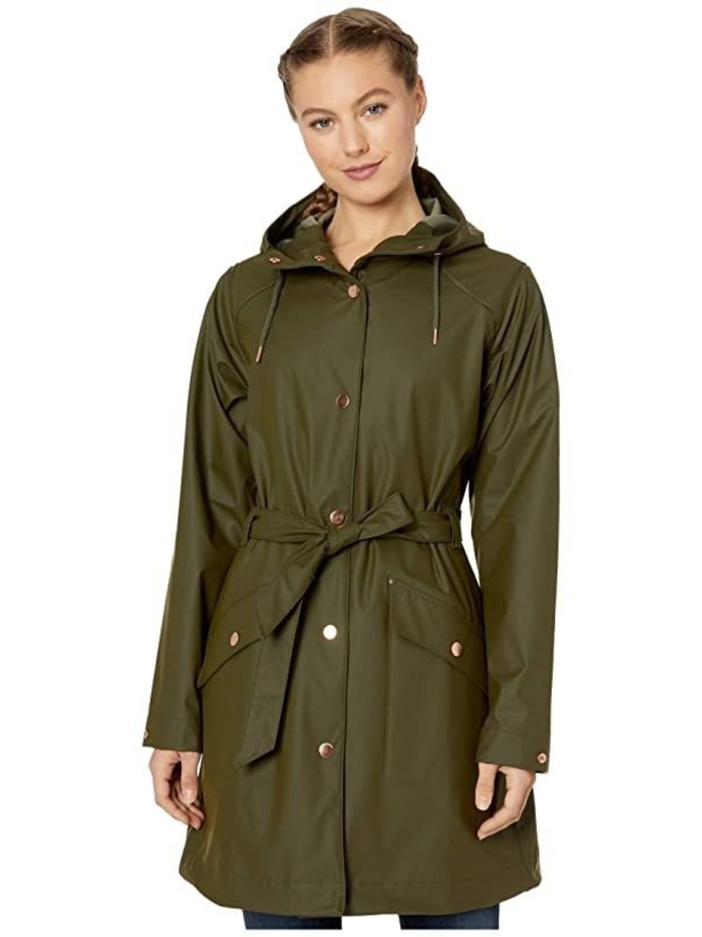 HELLY HANSEN Kirkwall II Raincoat Olive Green Hood Belt Women's Small EUC